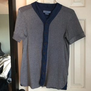 blue and white striped baseball tee